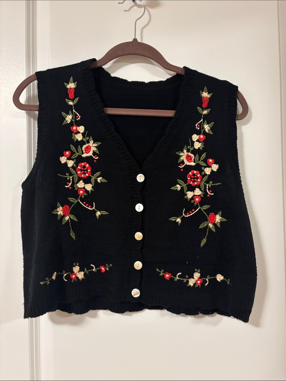 Black Embroidered Floral Button Front Vest
